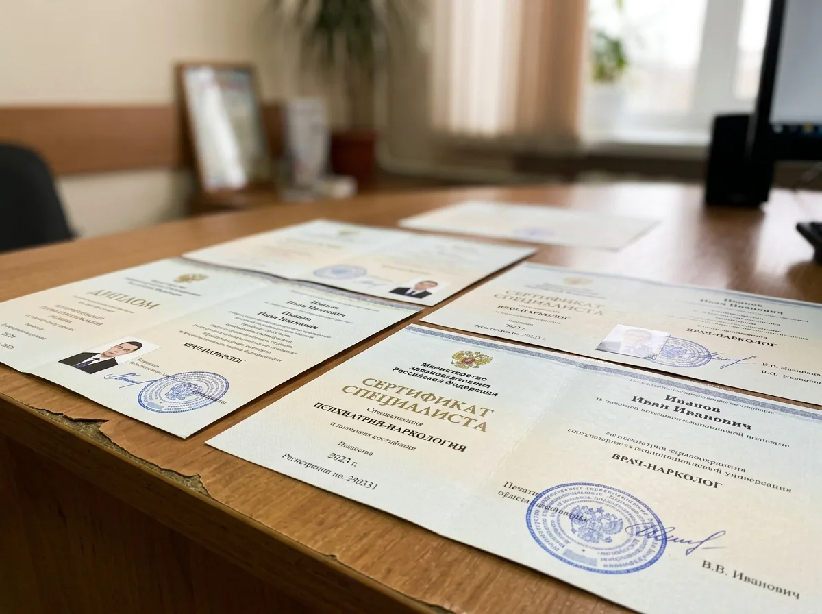 Дипломы и сертификаты специалистов врачей-наркологов, разложенные на столе, официальные документы с печатями
